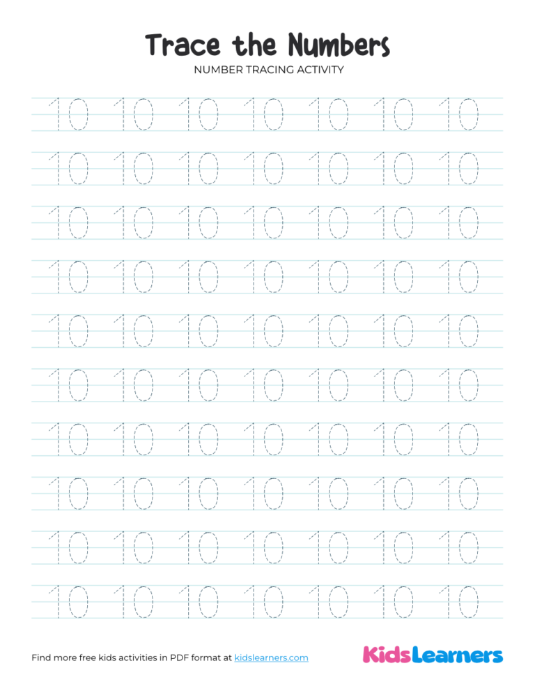 Free Number 10 Tracing Worksheet for Preschool