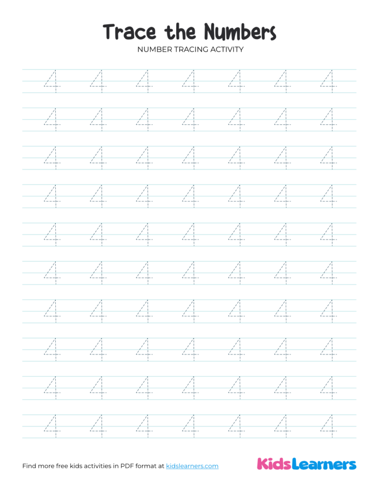 Number 4 Tracing Worksheet Free Printable PDF for Kids