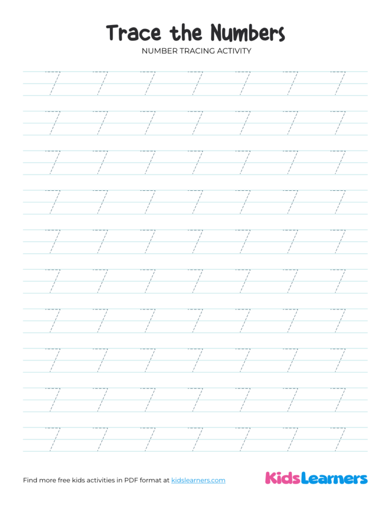 Printable Number 7 Tracing Worksheet for Preschoolers