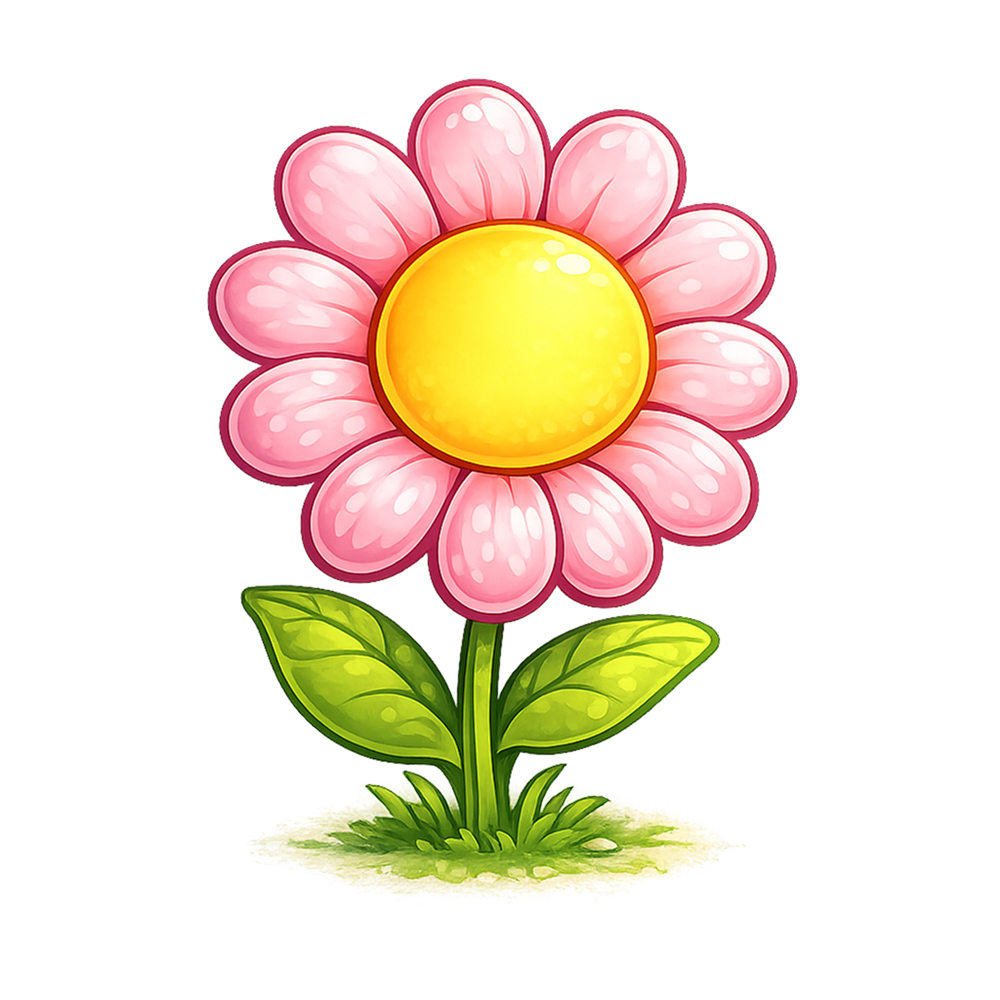 Cute flower clipart with pink petals and green leaves for kids learning and nature activities