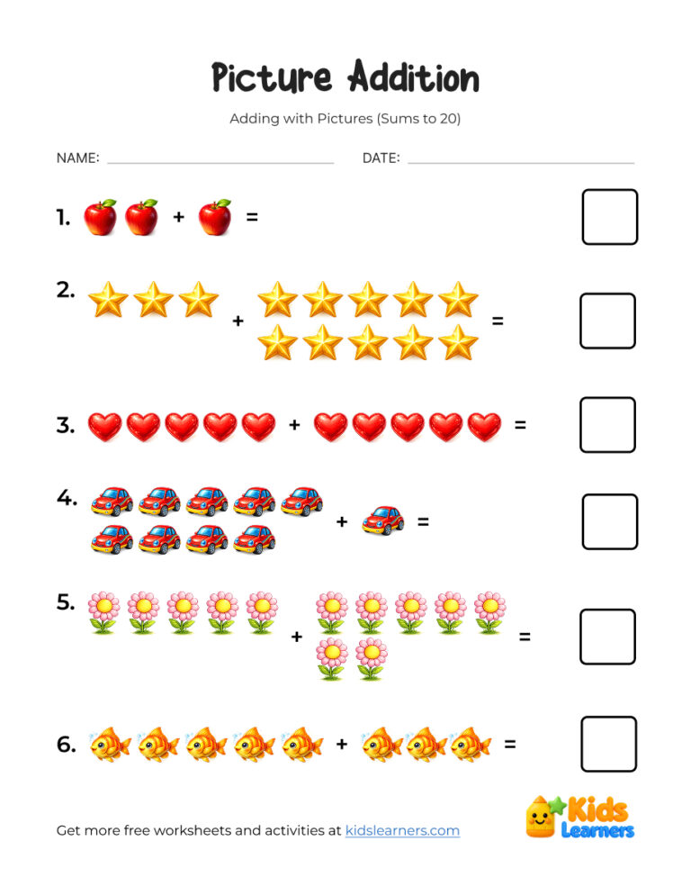 Picture Addition Worksheet (Sums to 20)