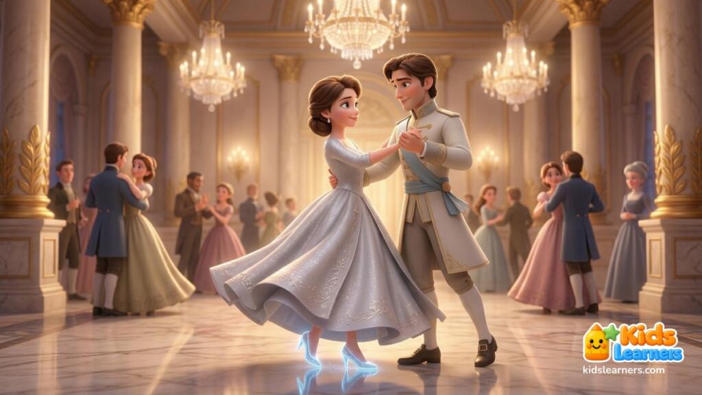 Cinderella story for kids showing Cinderella dancing with the prince