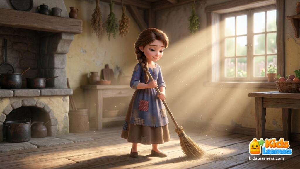 Cinderella story for kids showing Cinderella doing chores in the kitchen