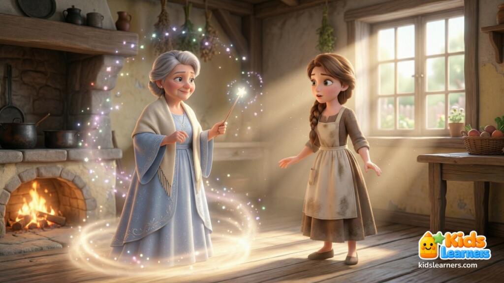 Cinderella story for kids showing fairy godmother appearing to Cinderella in the kitchen