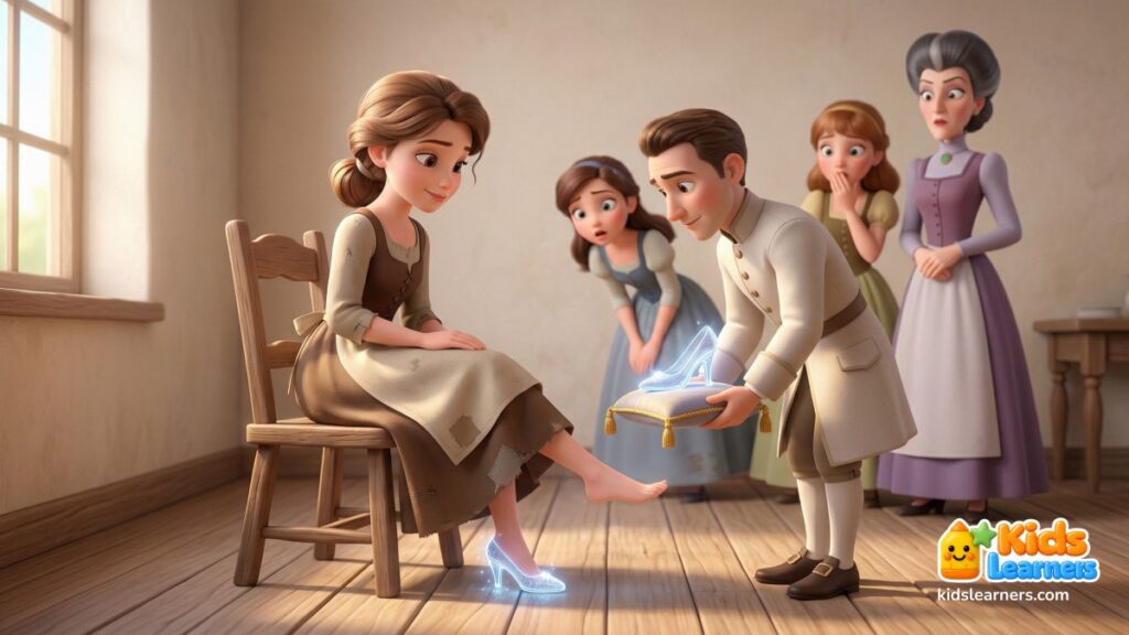 Cinderella story for kids showing glass slipper fitting Cinderella foot