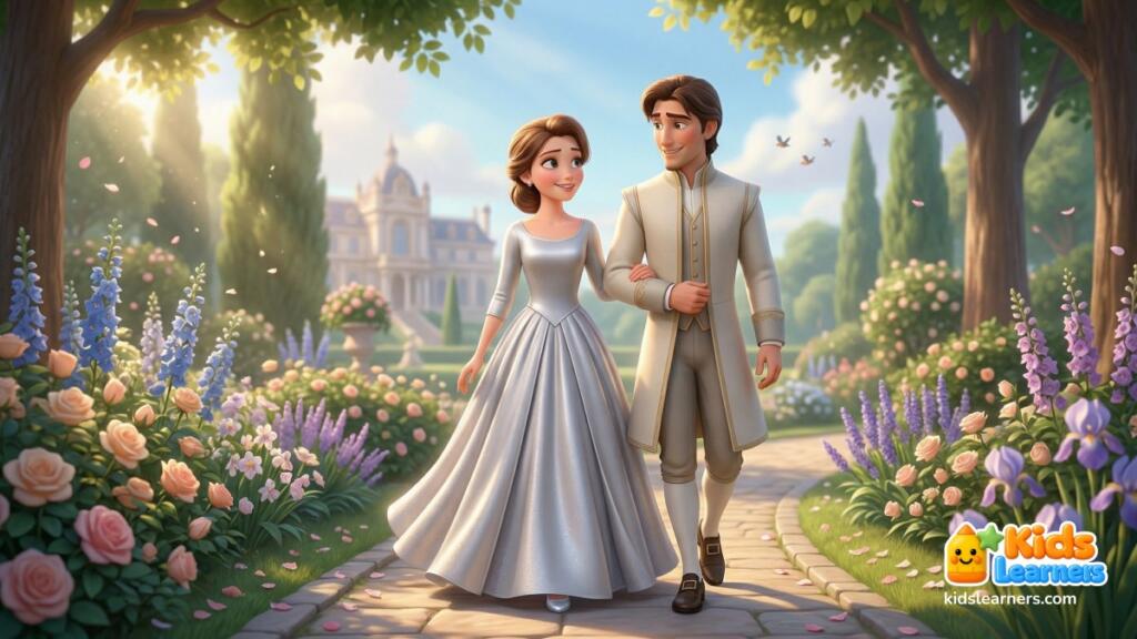 Cinderella story for kids showing Cinderella and the prince walking in a garden