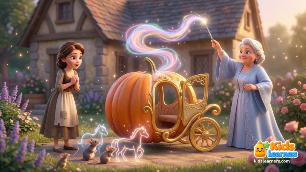 Cinderella story for kids showing pumpkin turning into a magical carriage